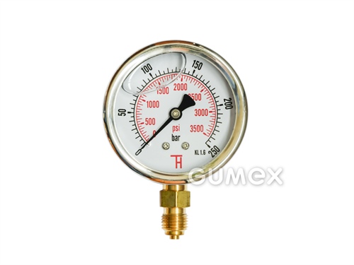 Glyzerin-Manometer mit Bodenauslass, 63mm, Außengewinde G 1/4", 0-250bar, -40°C/+60°C, 